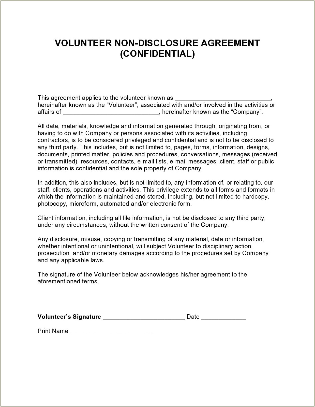 Free Emplyee Non Disclosure Agreement Template