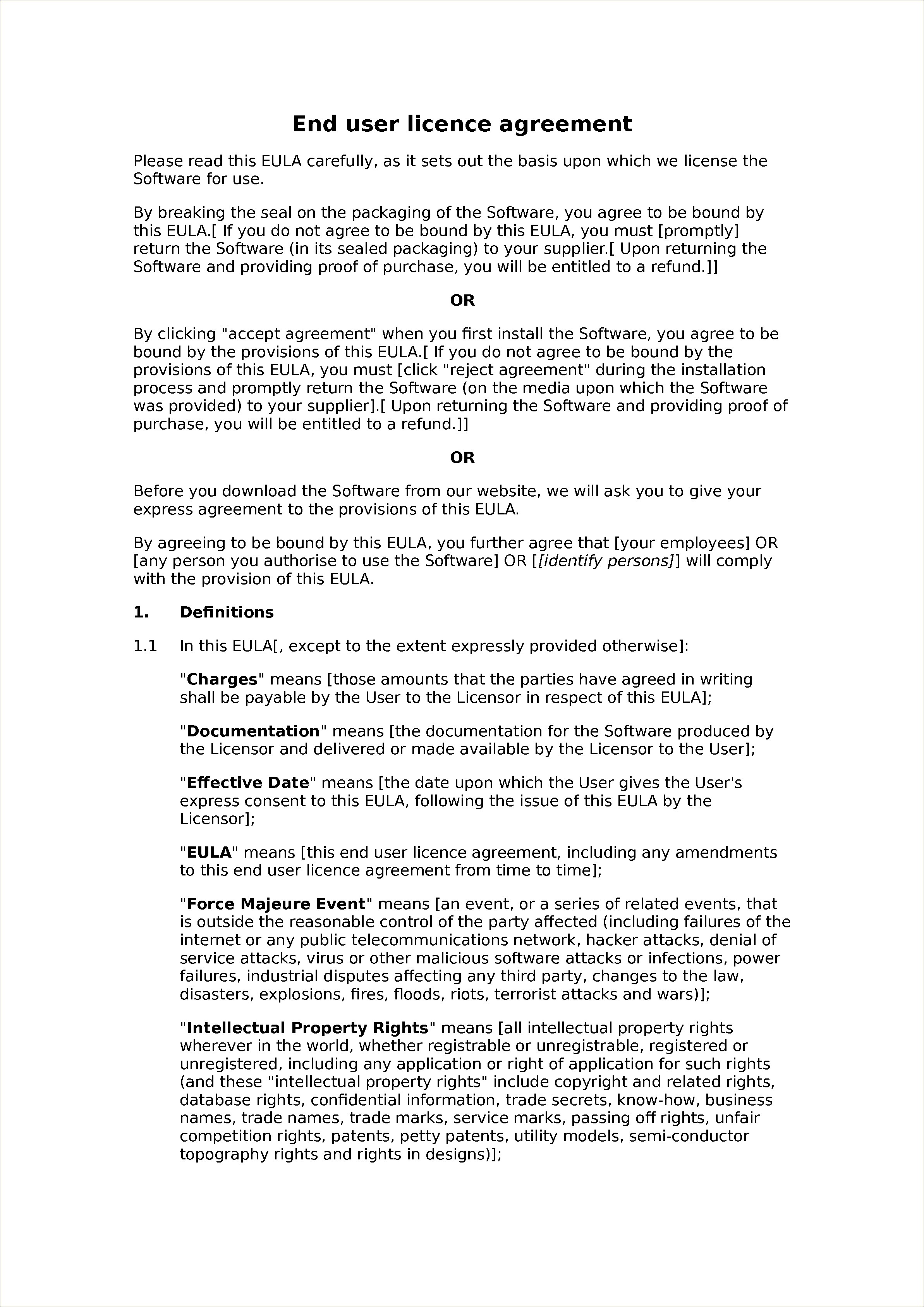 Free End User Licence Agreement Template