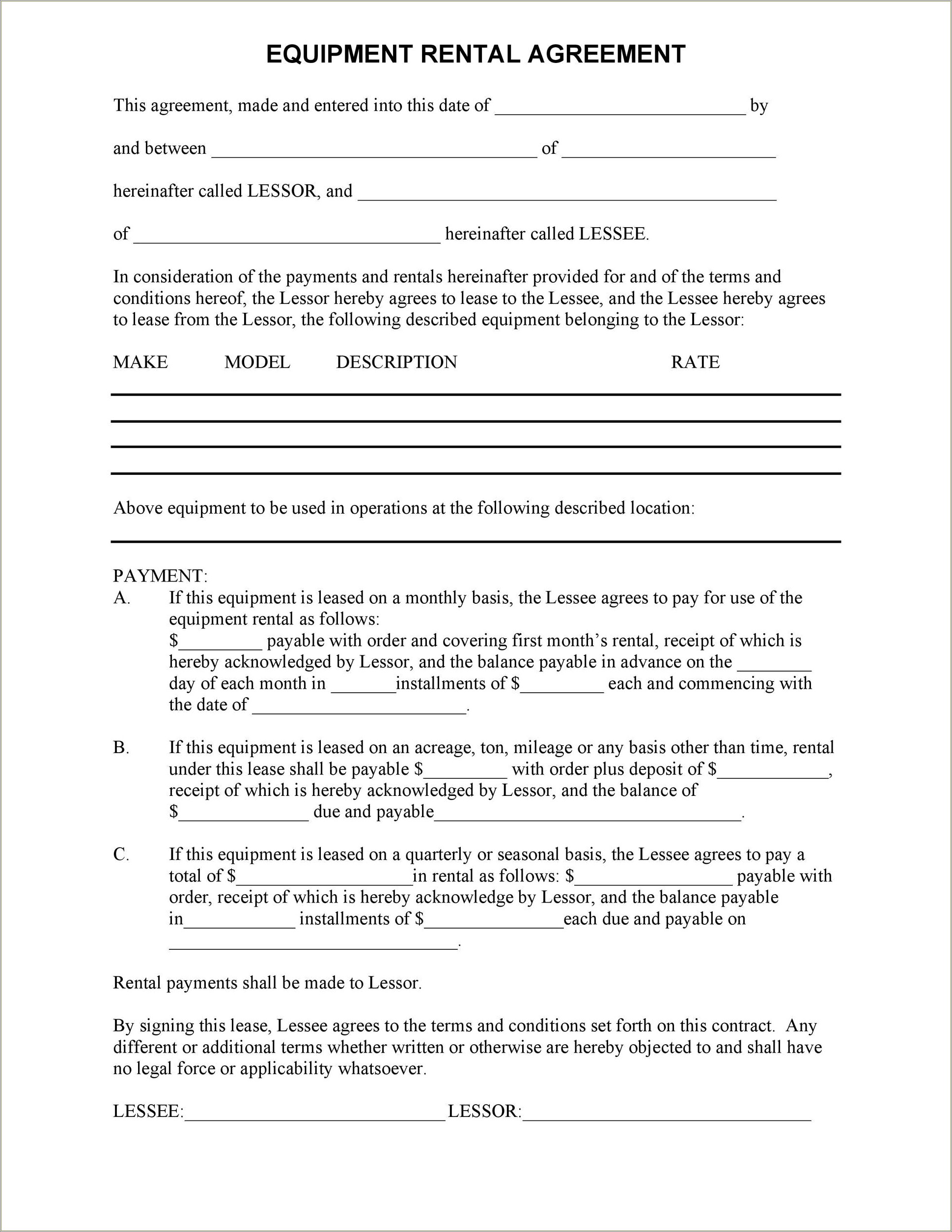 Free Equipment Use Agreement Form Template