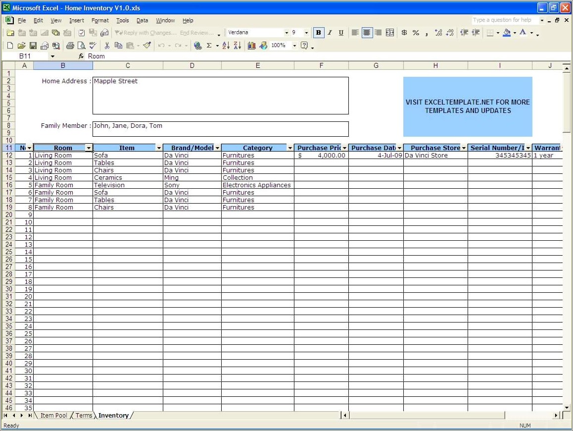 Free Excel 2007 Home Inventory Templates