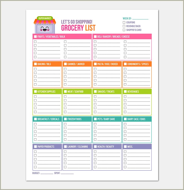 Free Excel Grocery Shopping List Template