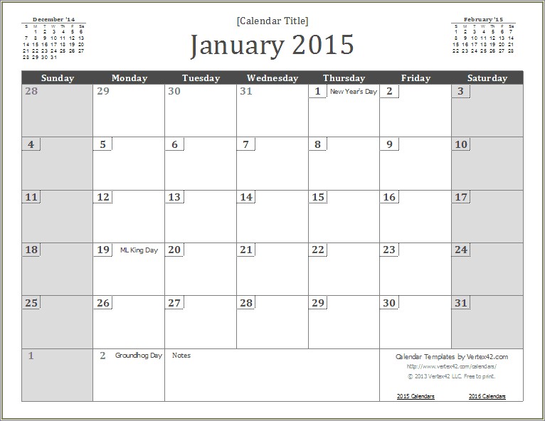Free Excel Monthly Calendar Template 2015