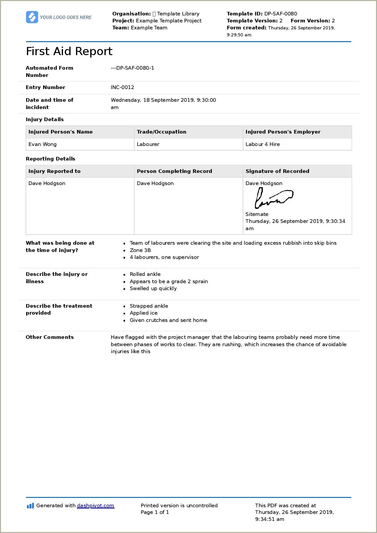Free First Aid Report Form Template