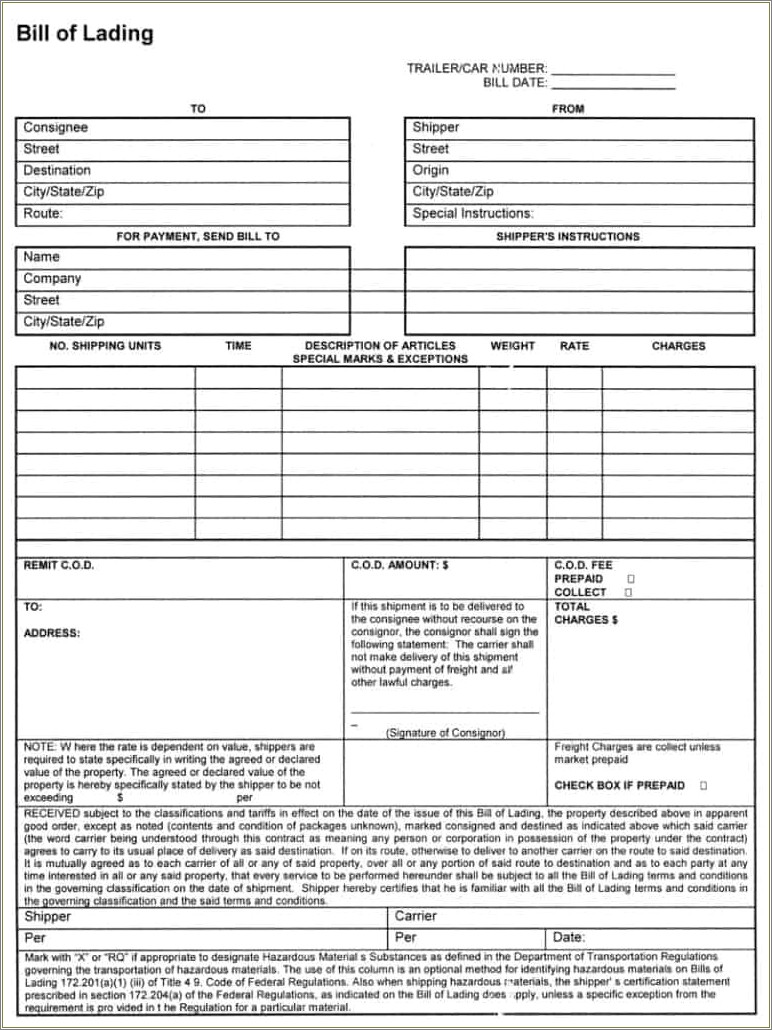Free Freight Bill Of Lading Template