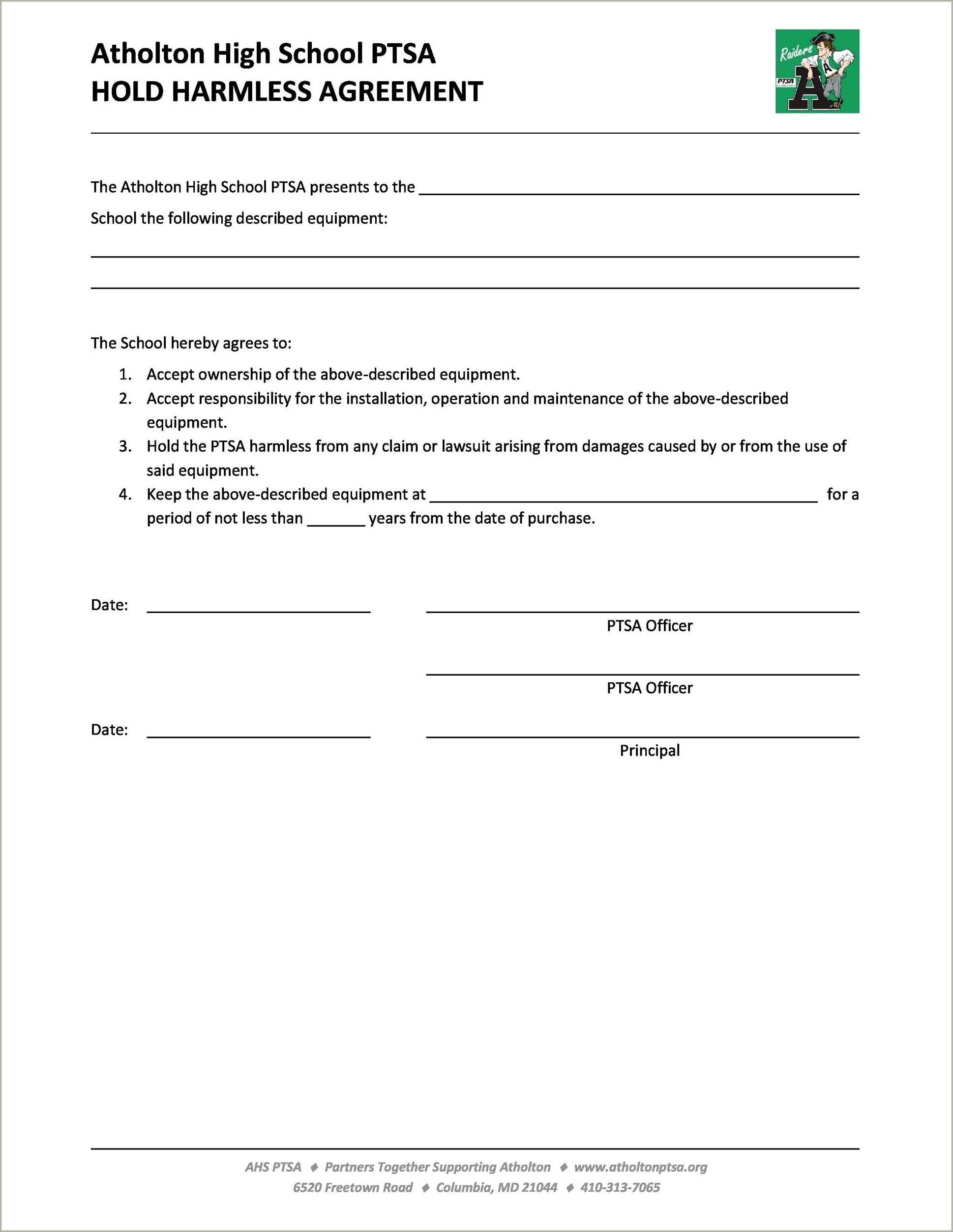 Free Hold Harmless Agreement Blank Template