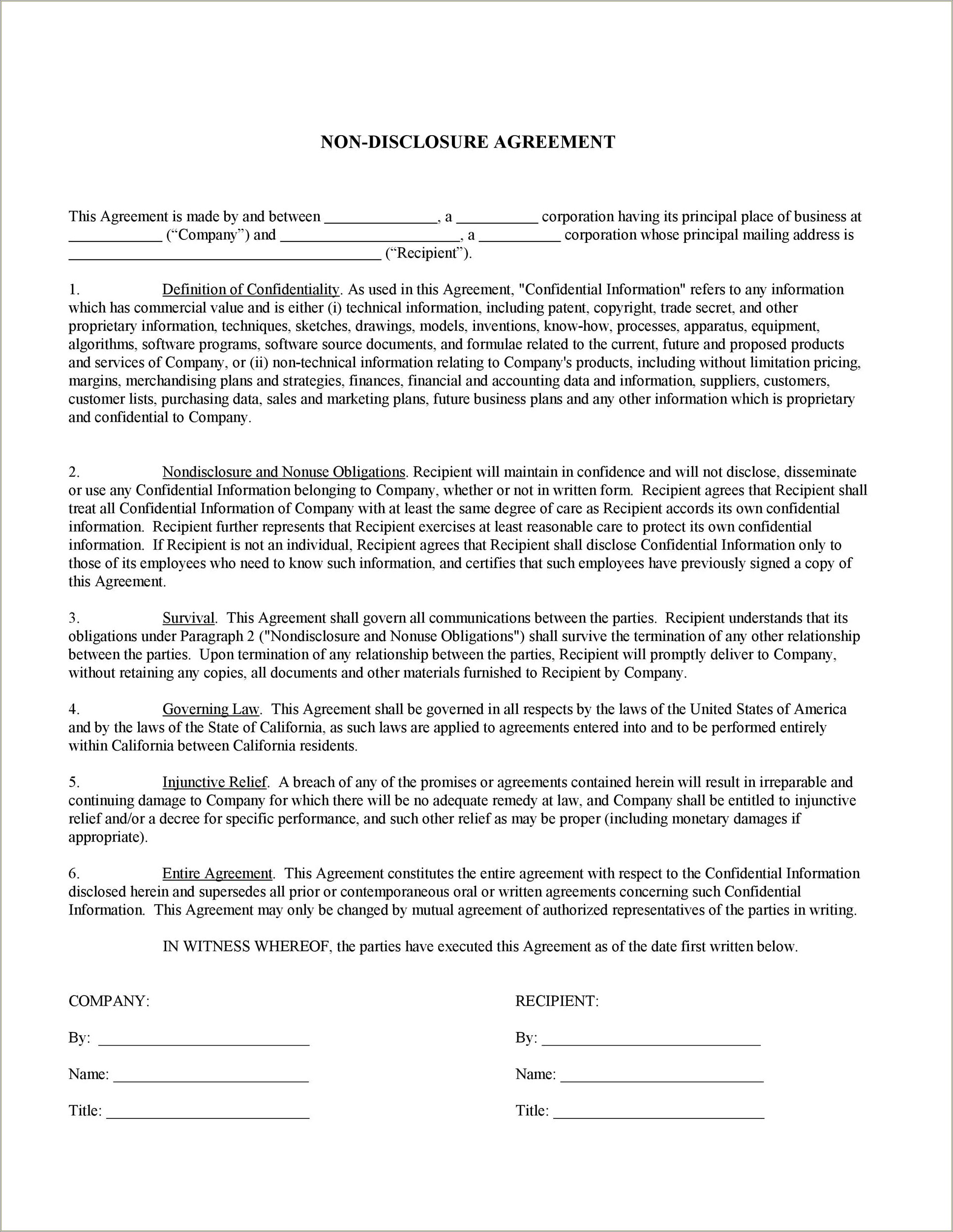 Free Legal Non Disclosure Agreement Template