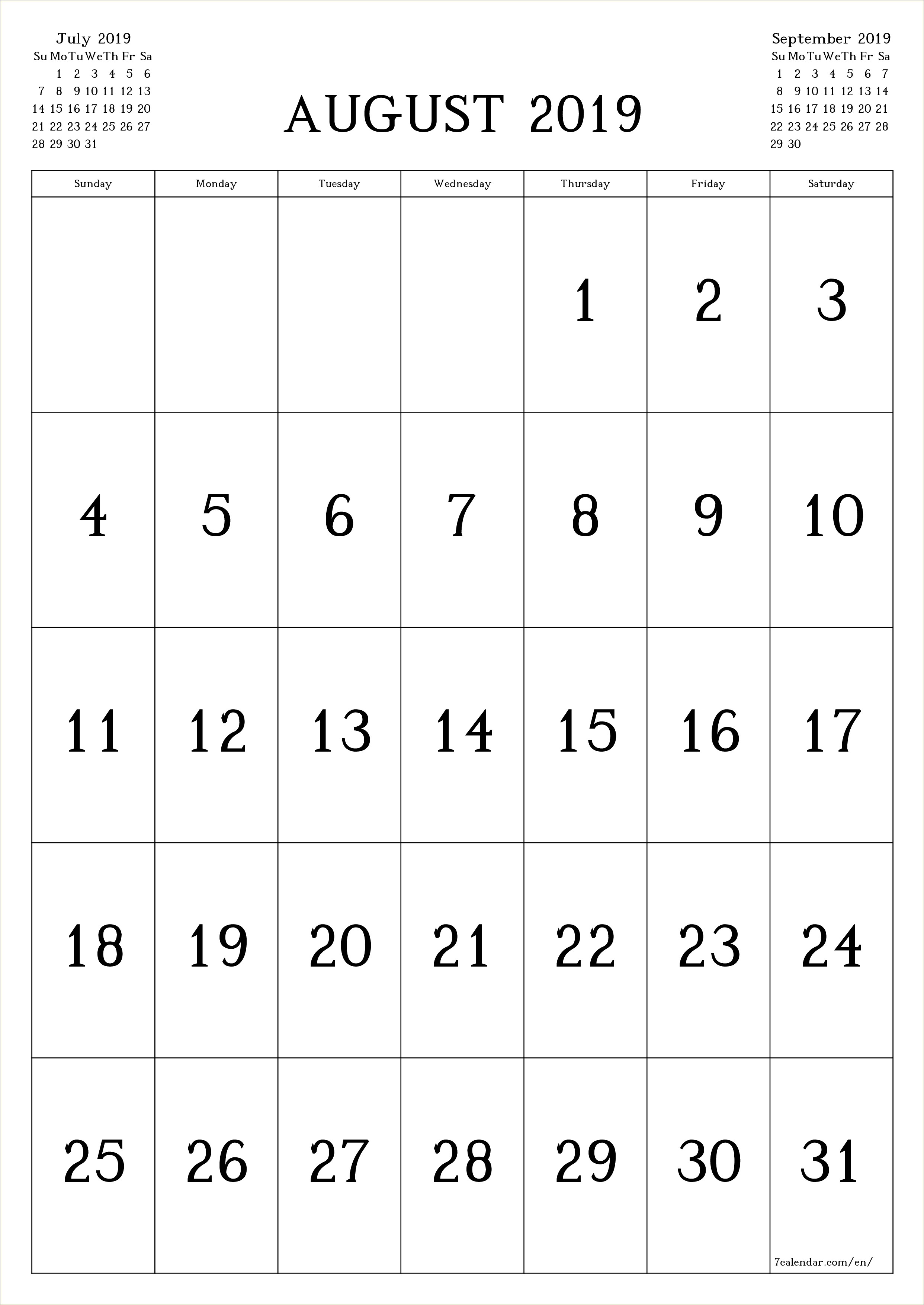 Free Monthly Calendar 2019 Printable Template