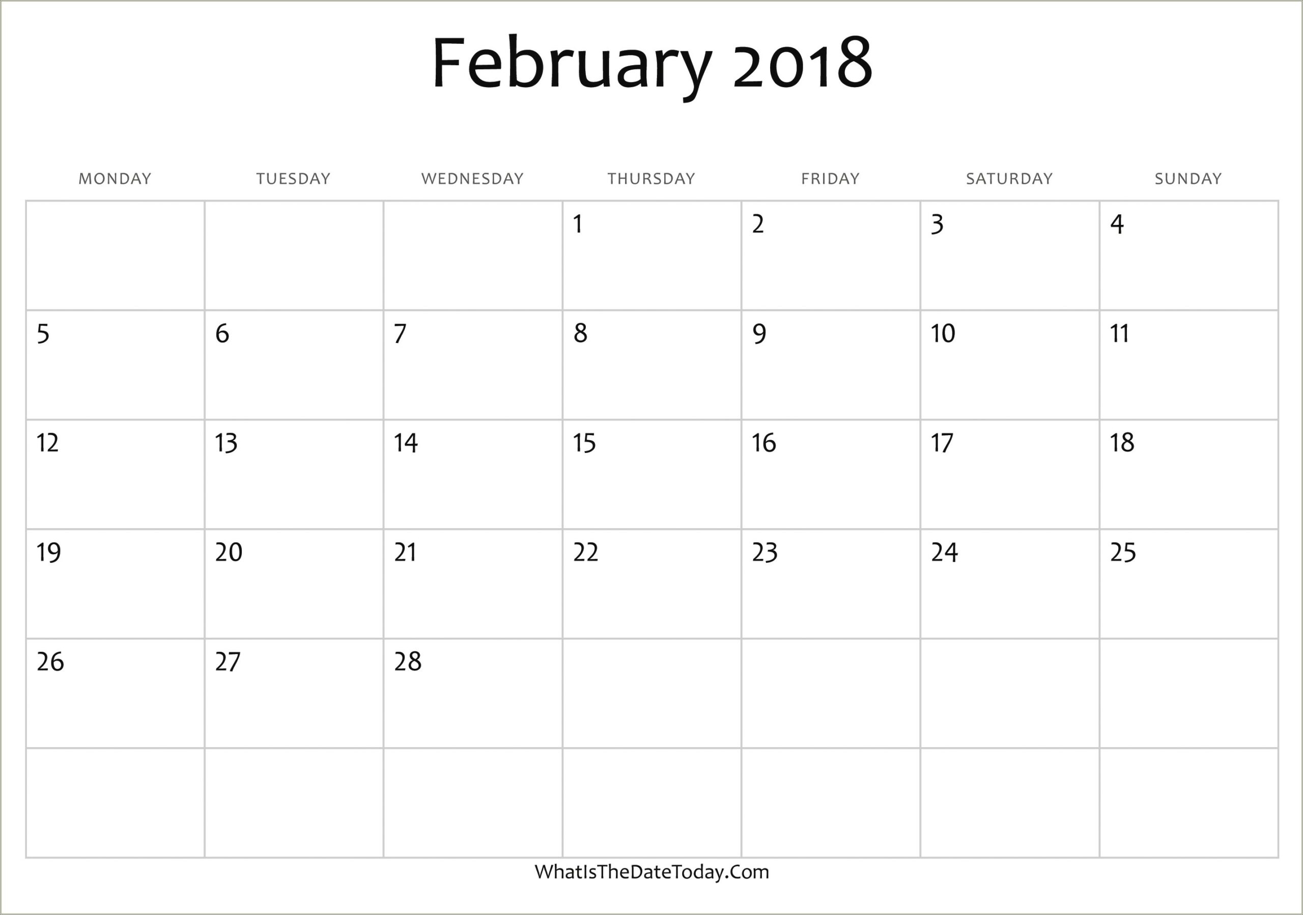 Free Monthly Calendar Template February 2018