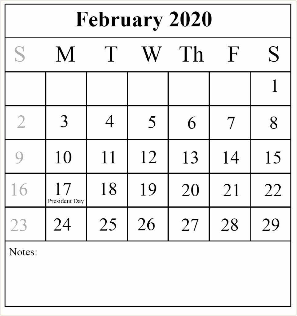 Free Monthly Calendar Template February 2020