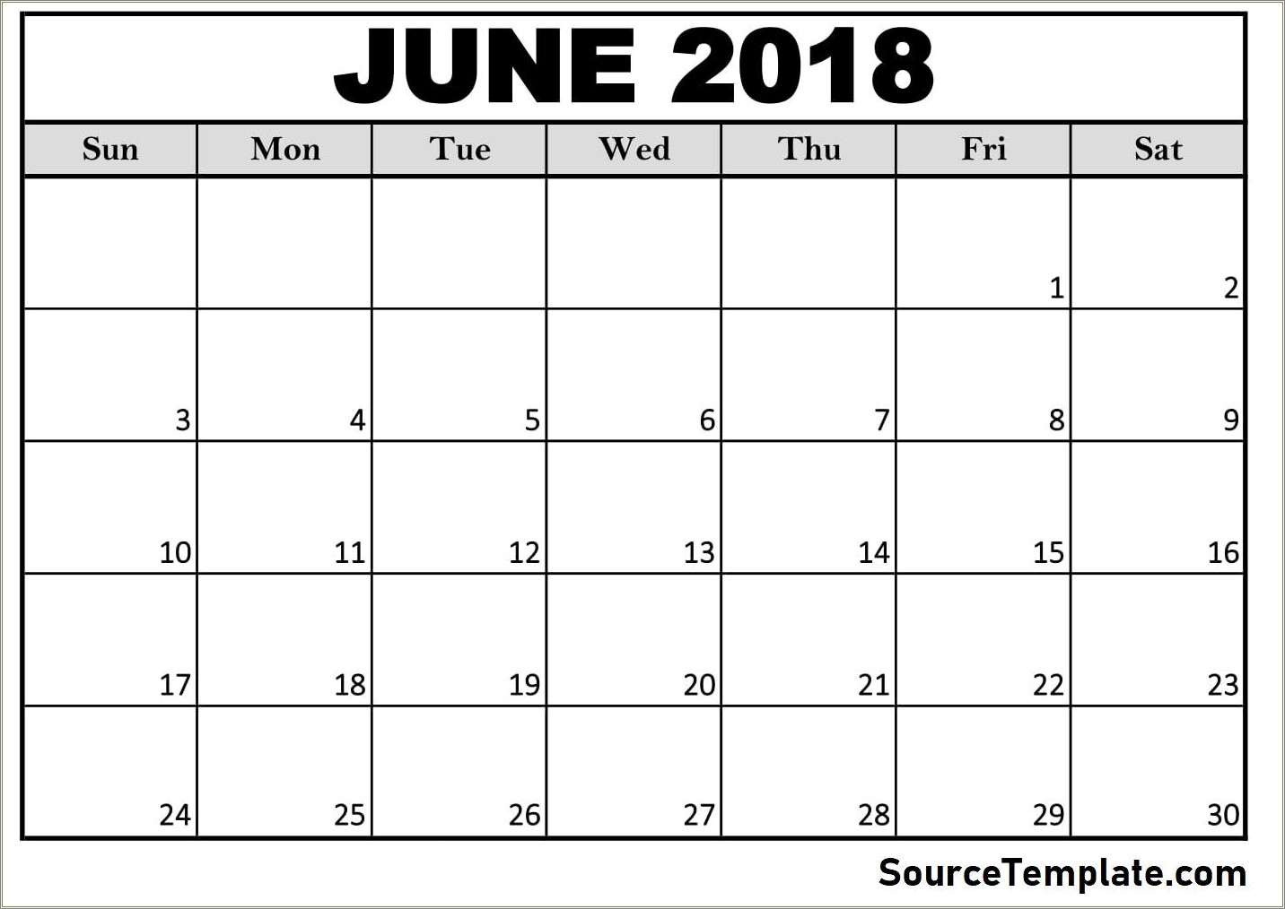 Free Monthly Calendar Template June 2018