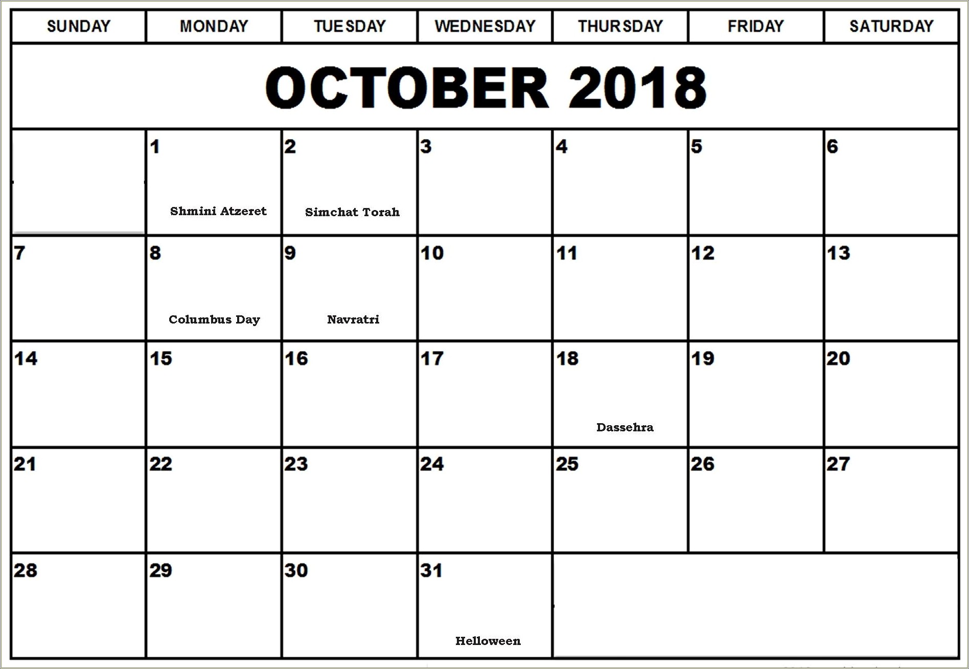 Free Monthly Calendar Template October 2018
