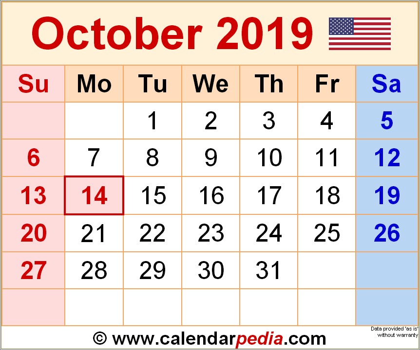 Free Monthly Calendar Template October 2019