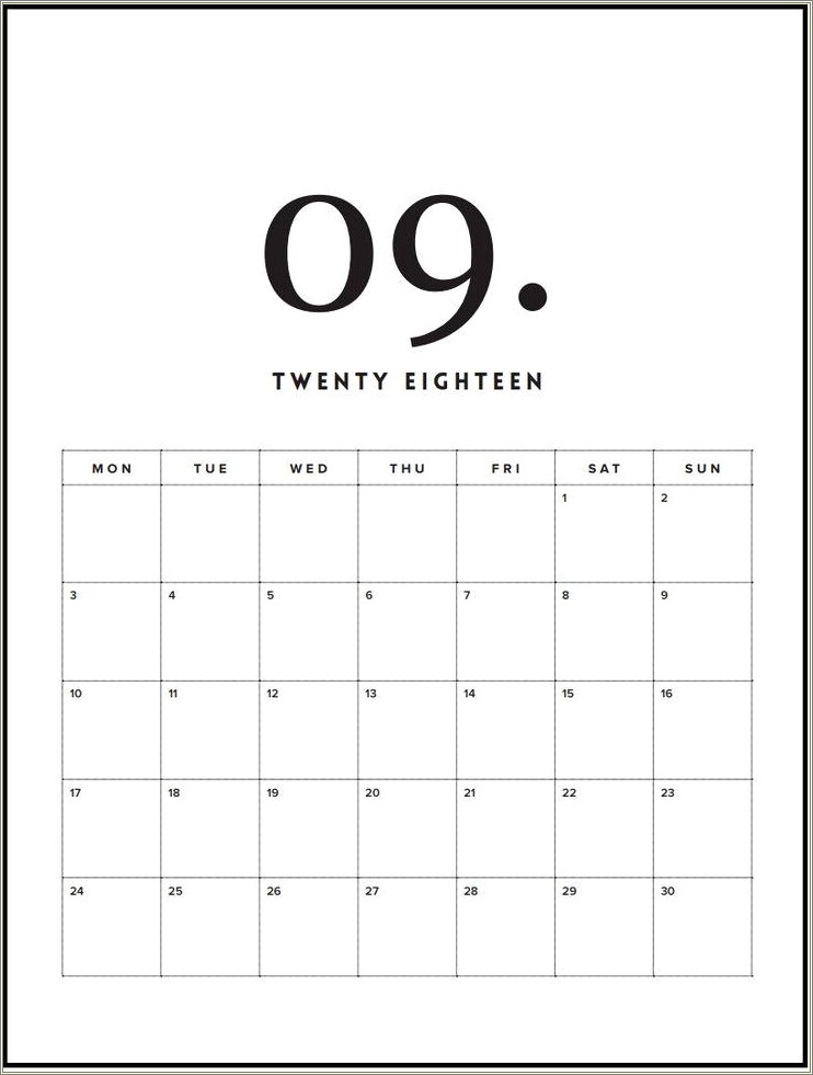 Free Monthly Calendar Template September 2018