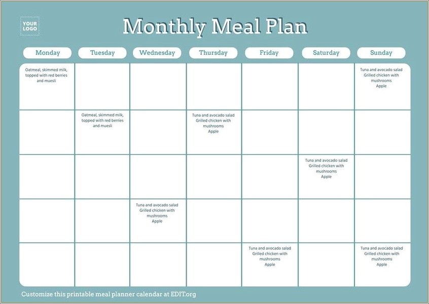 Free Monthly Meal Planner Template Pdf