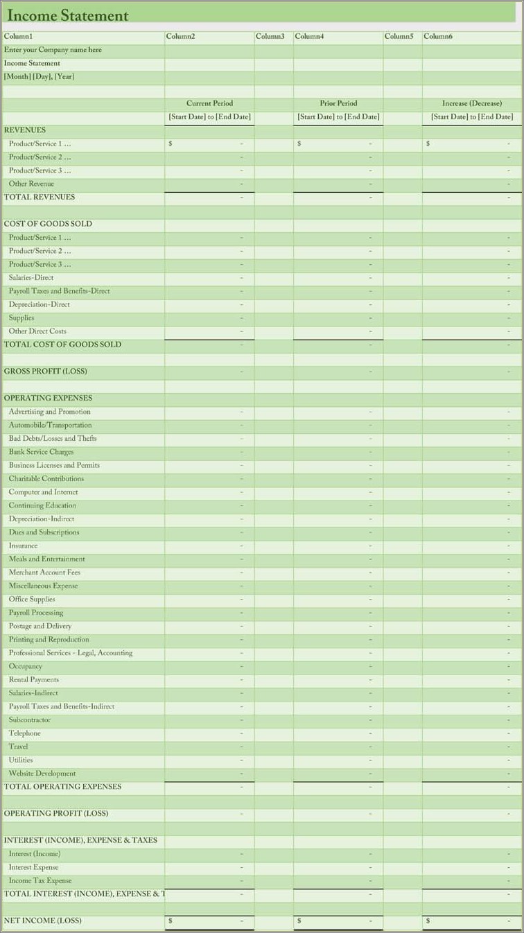 Free Monthly Profit Loss Statement Template