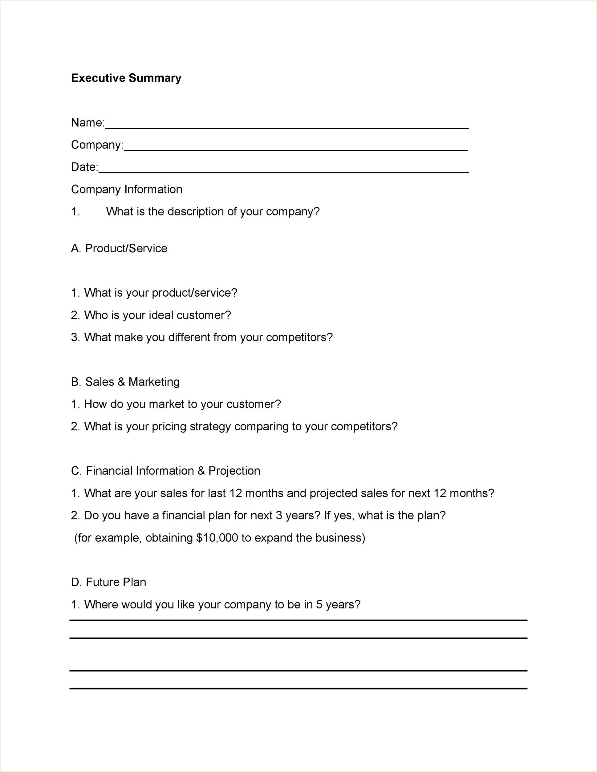 Free One Page Executive Summary Template