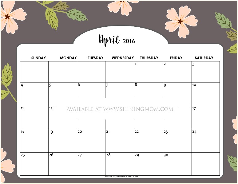 Free Online Monthly Calendar Template 2016