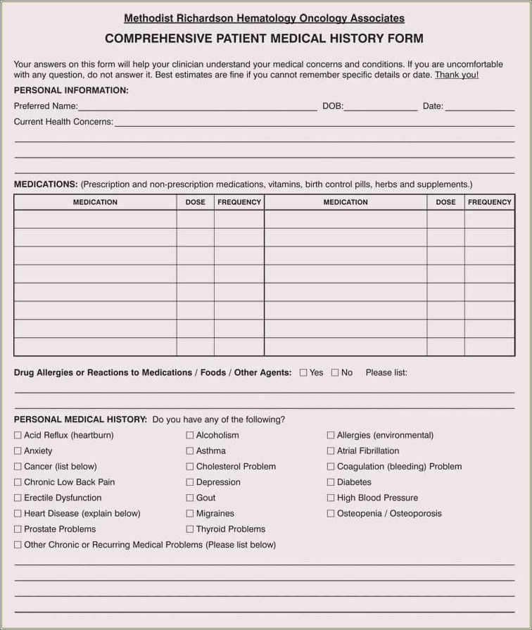 Free Personal Medical History Form Template