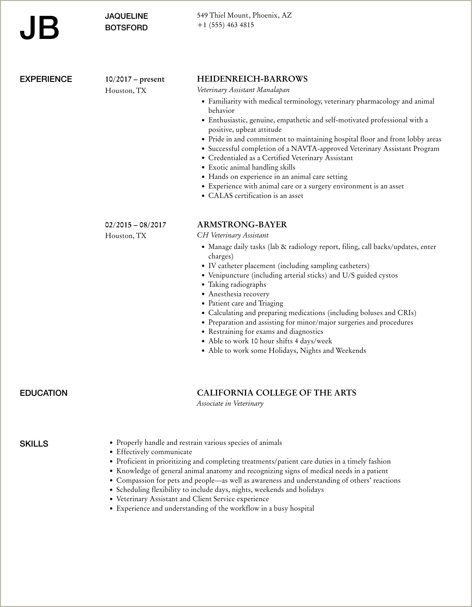 Veterinary Assistant Resume Sample With No Experience