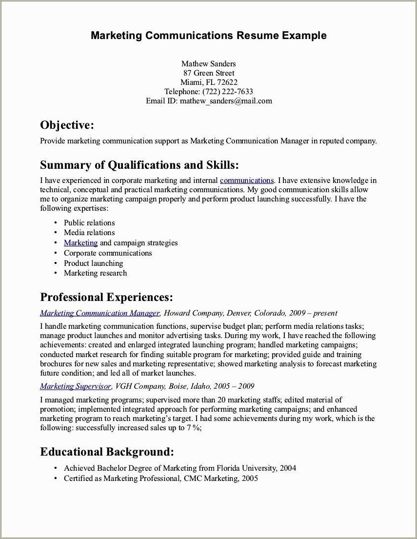 Vice President Of Communications Resume Examples