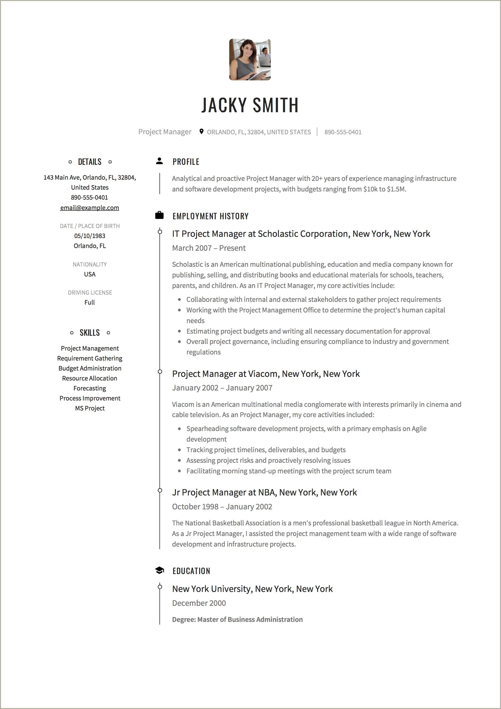 Visual Resume Sample For Project Manager