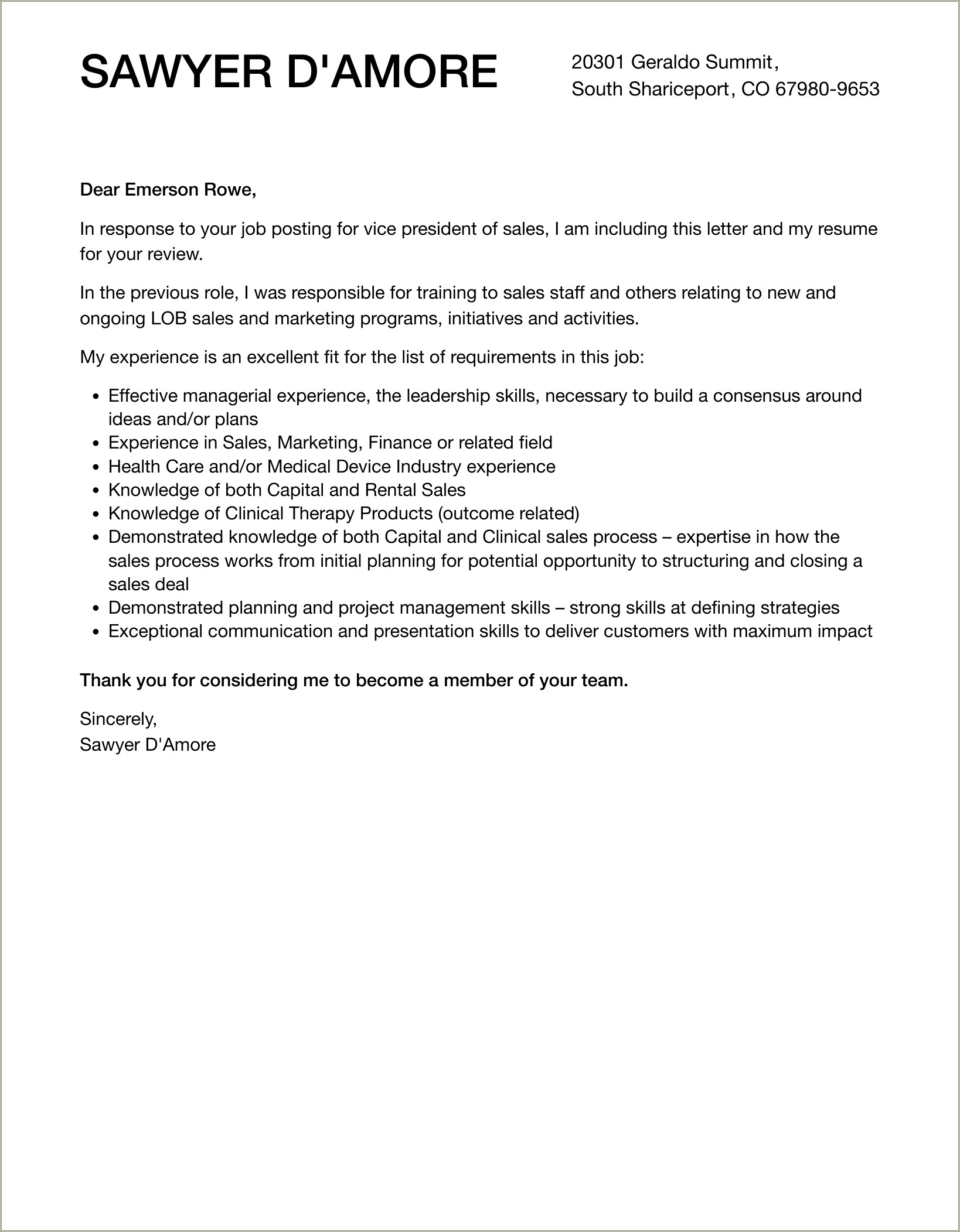 Vp Of Sales Resume Cover Letter
