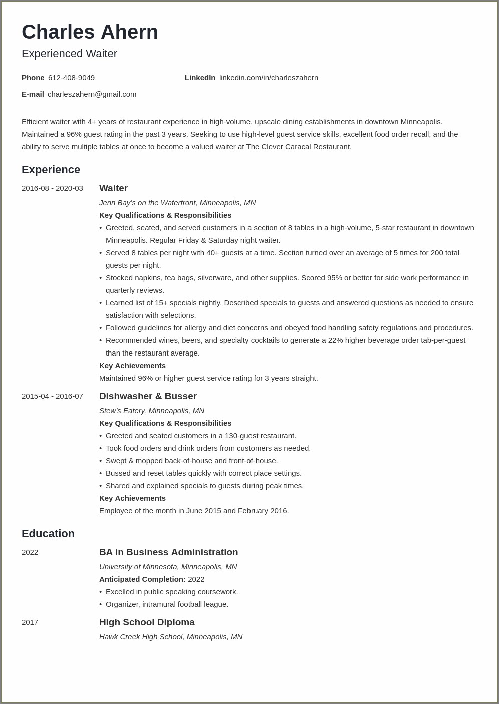 Waitress Resume Sample With No Experience