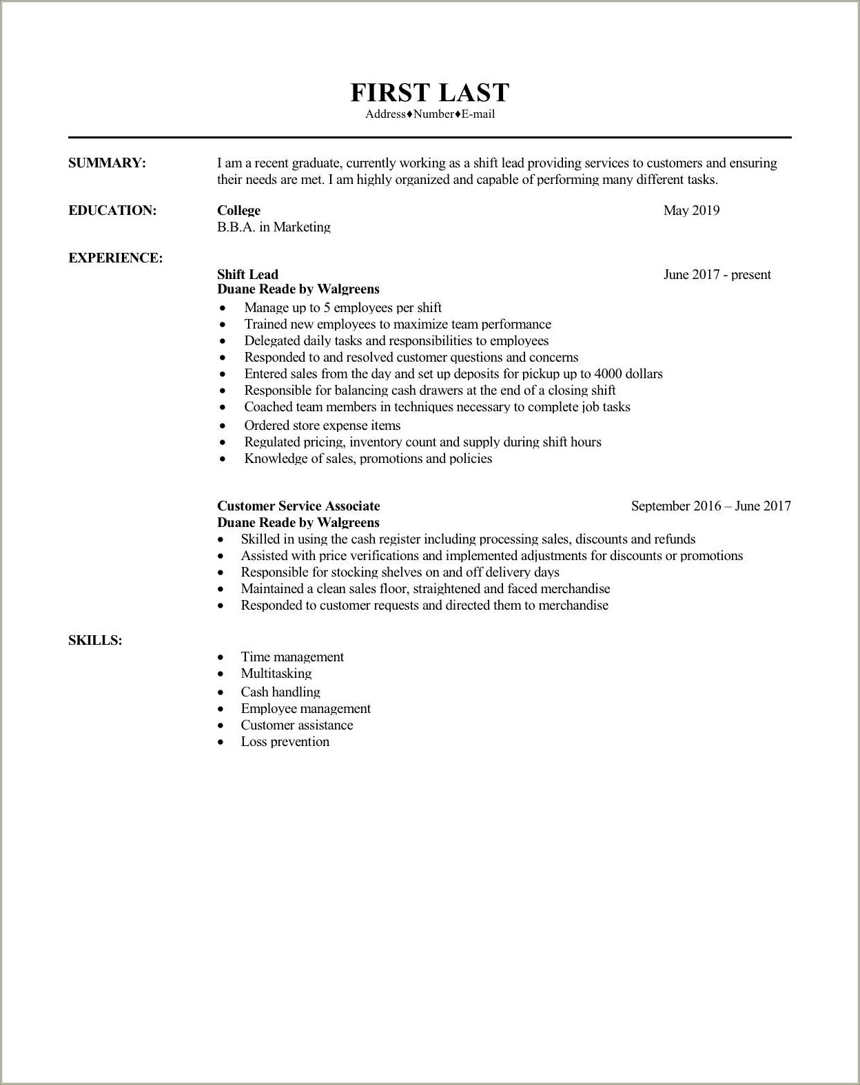 Walgreens Shift Lead Job Description For Resume