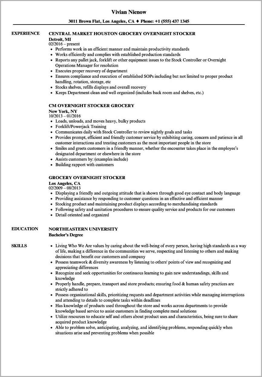 Walmart Stocker Job Description For Resume