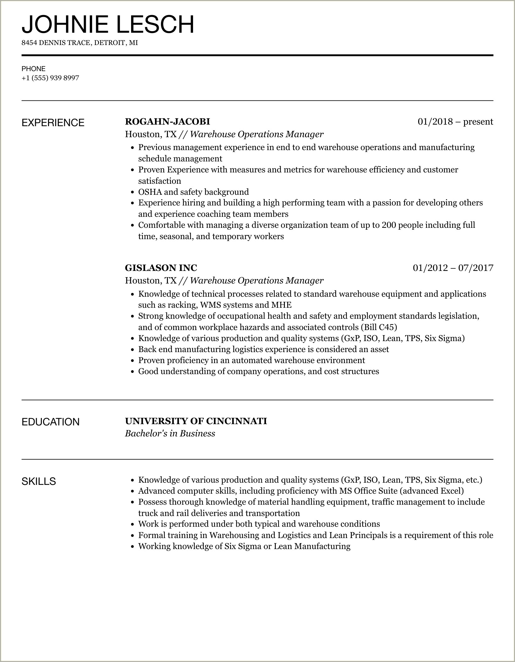 Warehouse Operations Manager Job Description For Resume