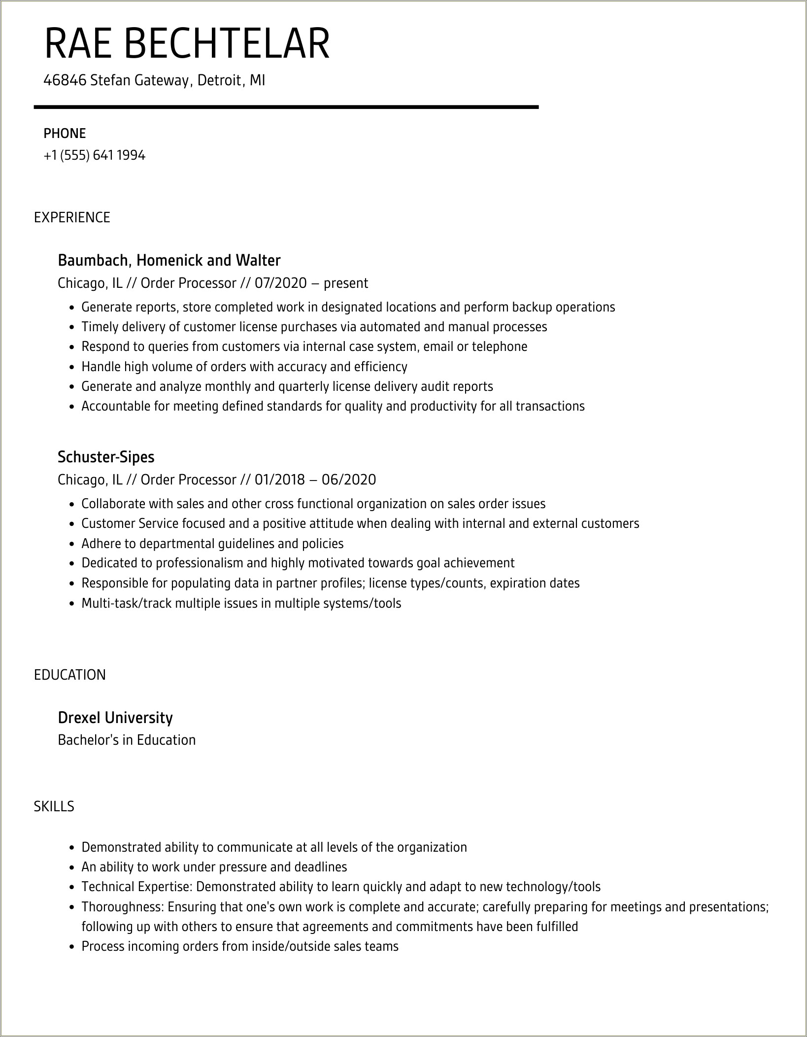 Warehouse Order Processor Job Description Resume