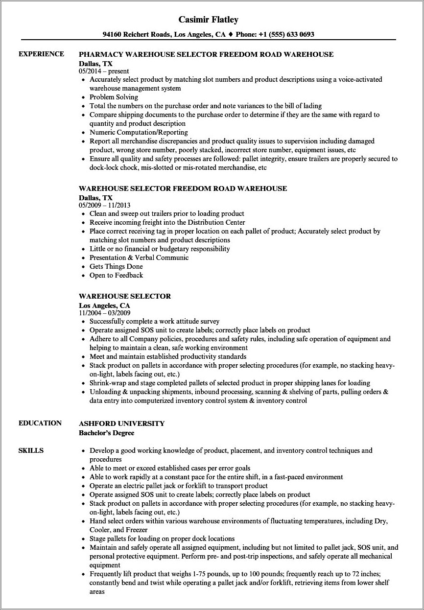 Warehouse Picker Job Description For Resume