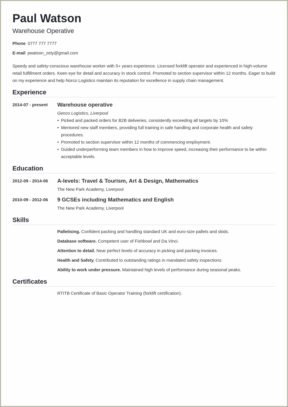 Warehouse Production Job Description For Resume