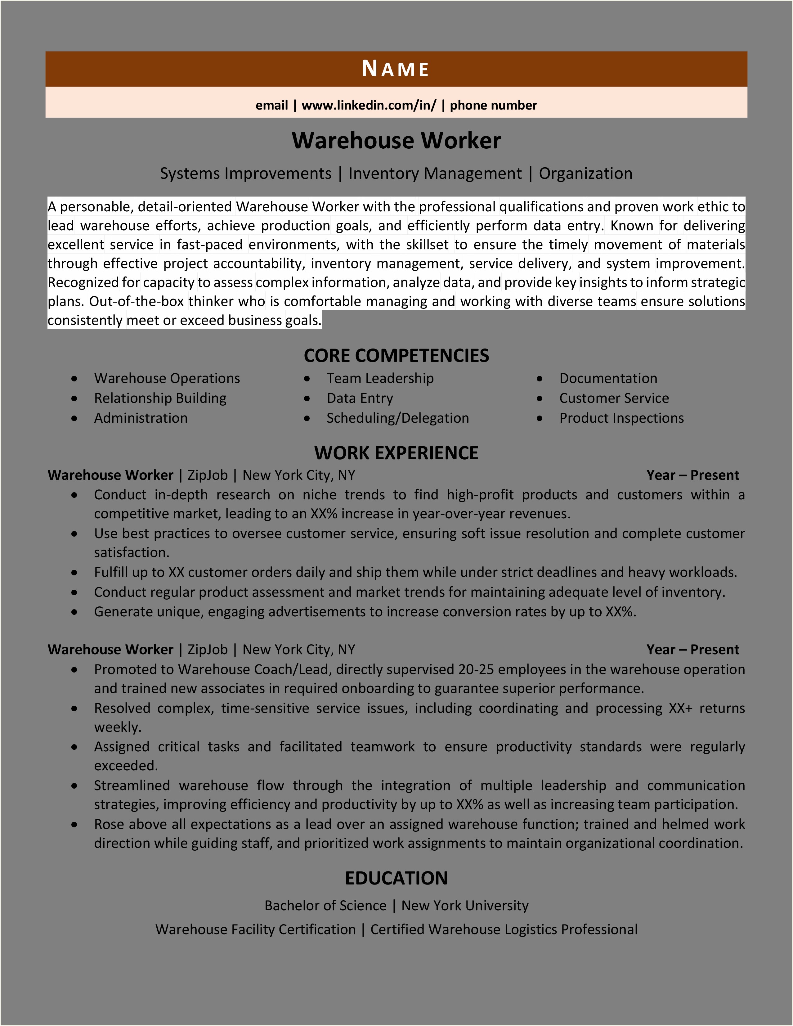 Warehouse Worker Bullet Points For Resume