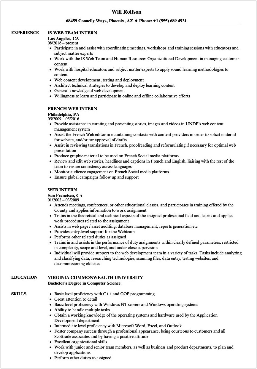 Web Developer Internship Job Description In Resume