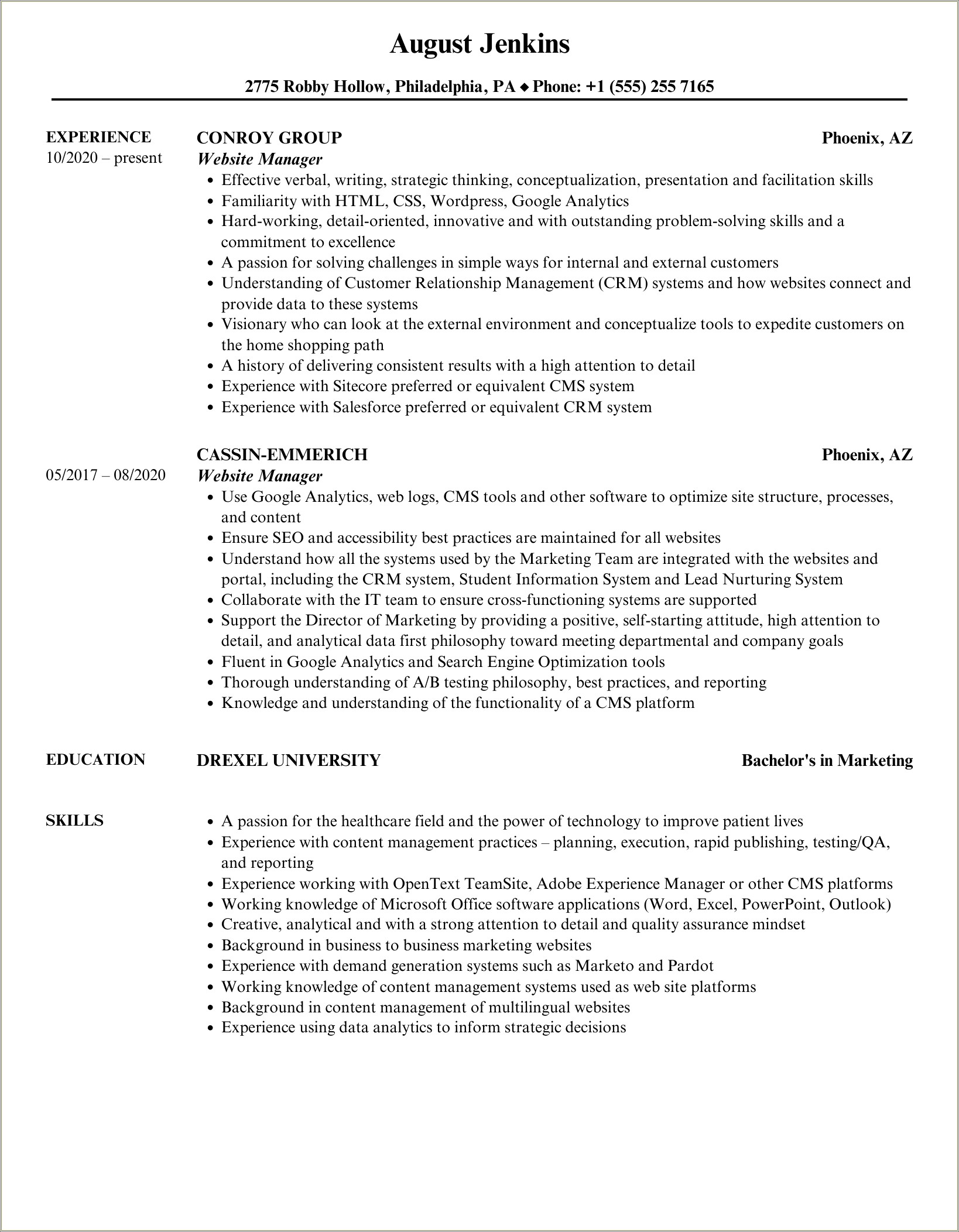 Website Manager Job Description For Resume