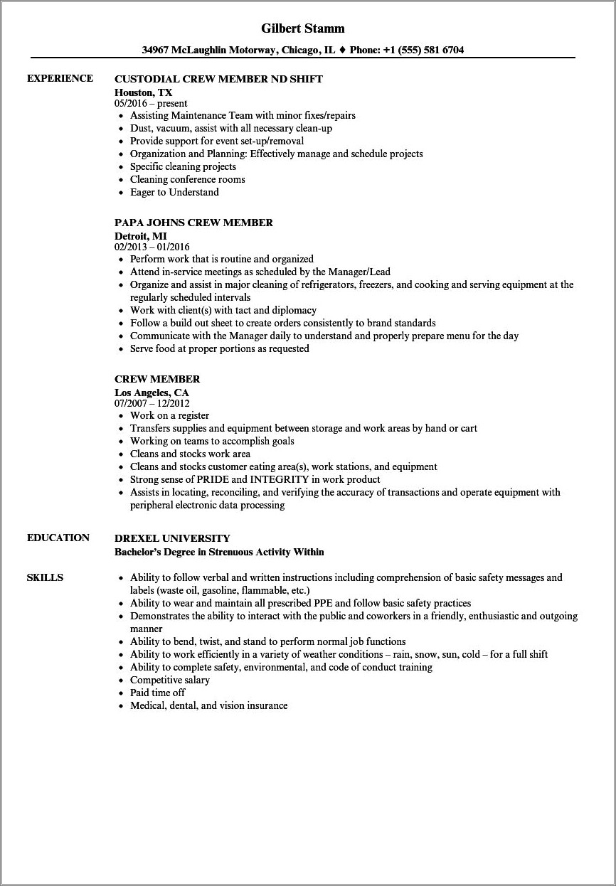 Wendy's Manager Job Description For Resume