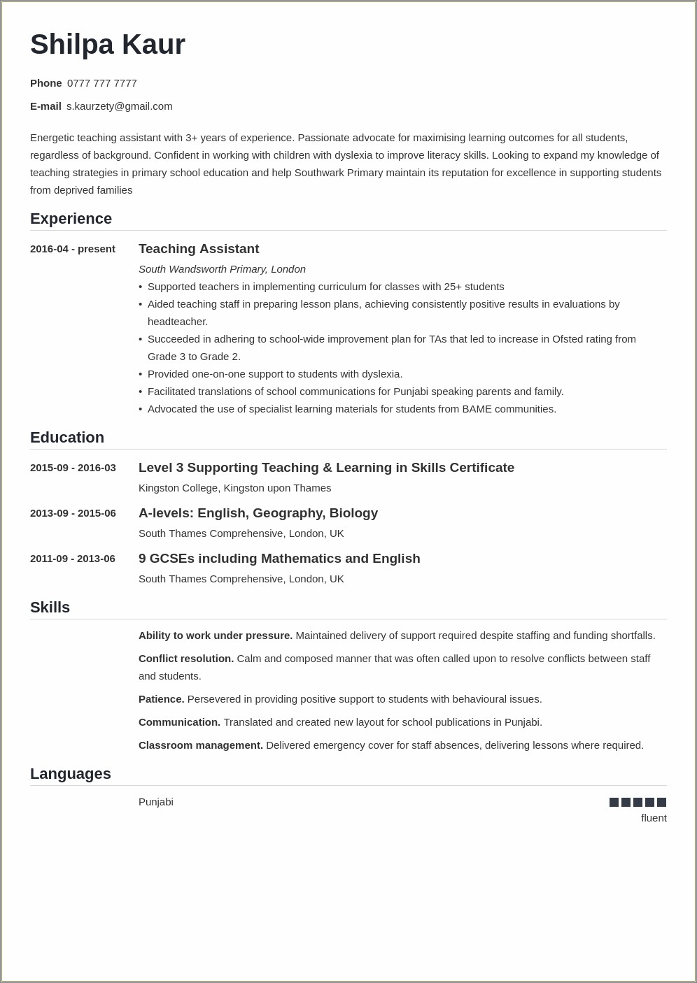 Where To Put Ta Position Resume