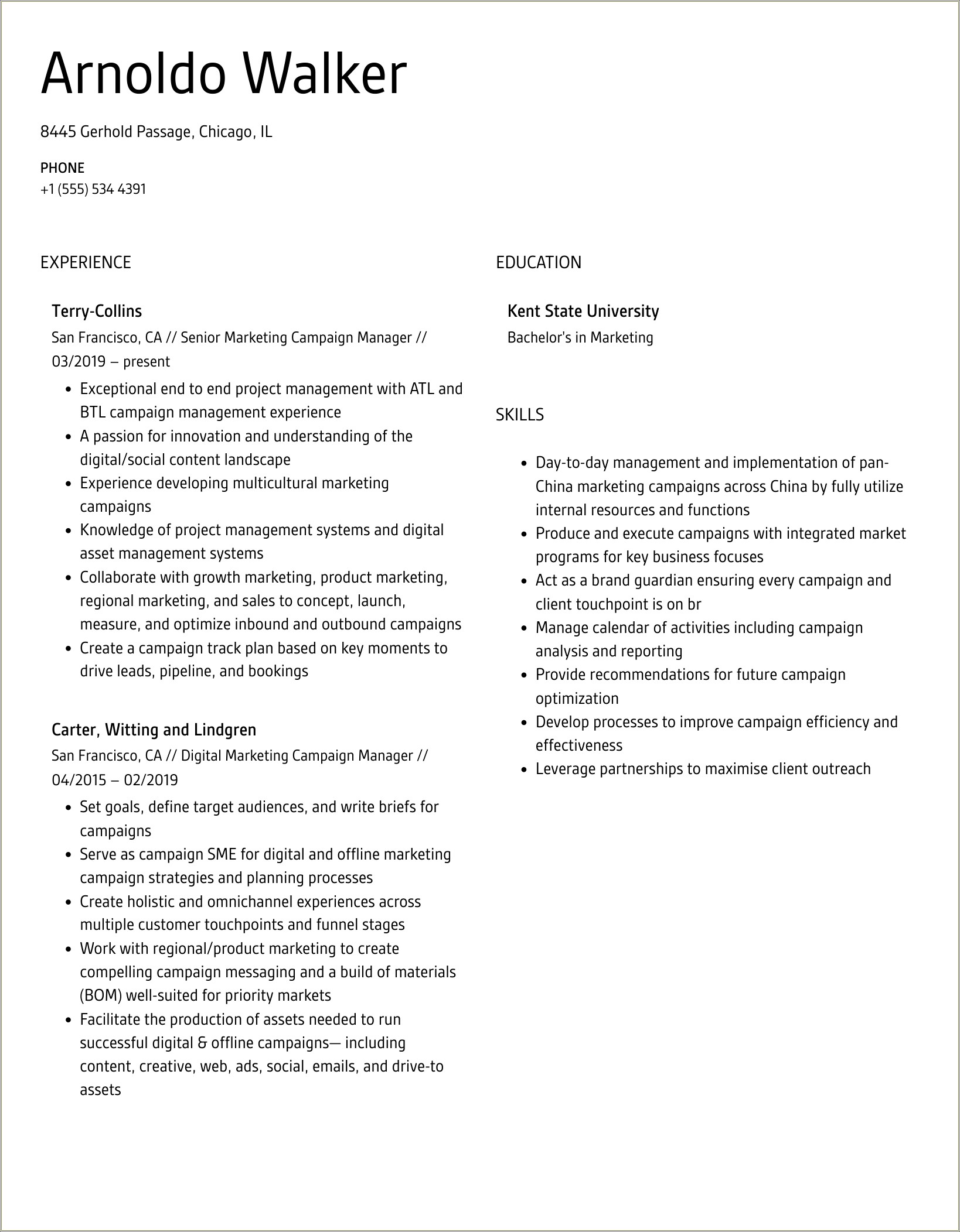 White House Resume For Campaign Managments Skills