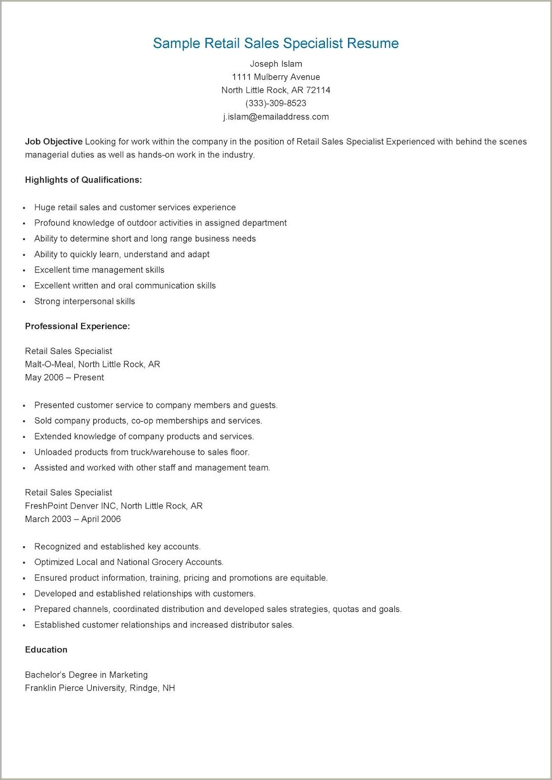 Wholesale Sales Specialist Job Description Sample Resume