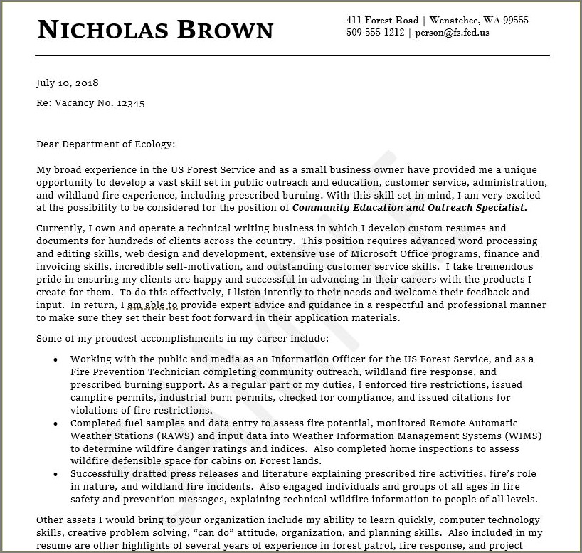 Wildland Firefighter Example Resume For Usfs