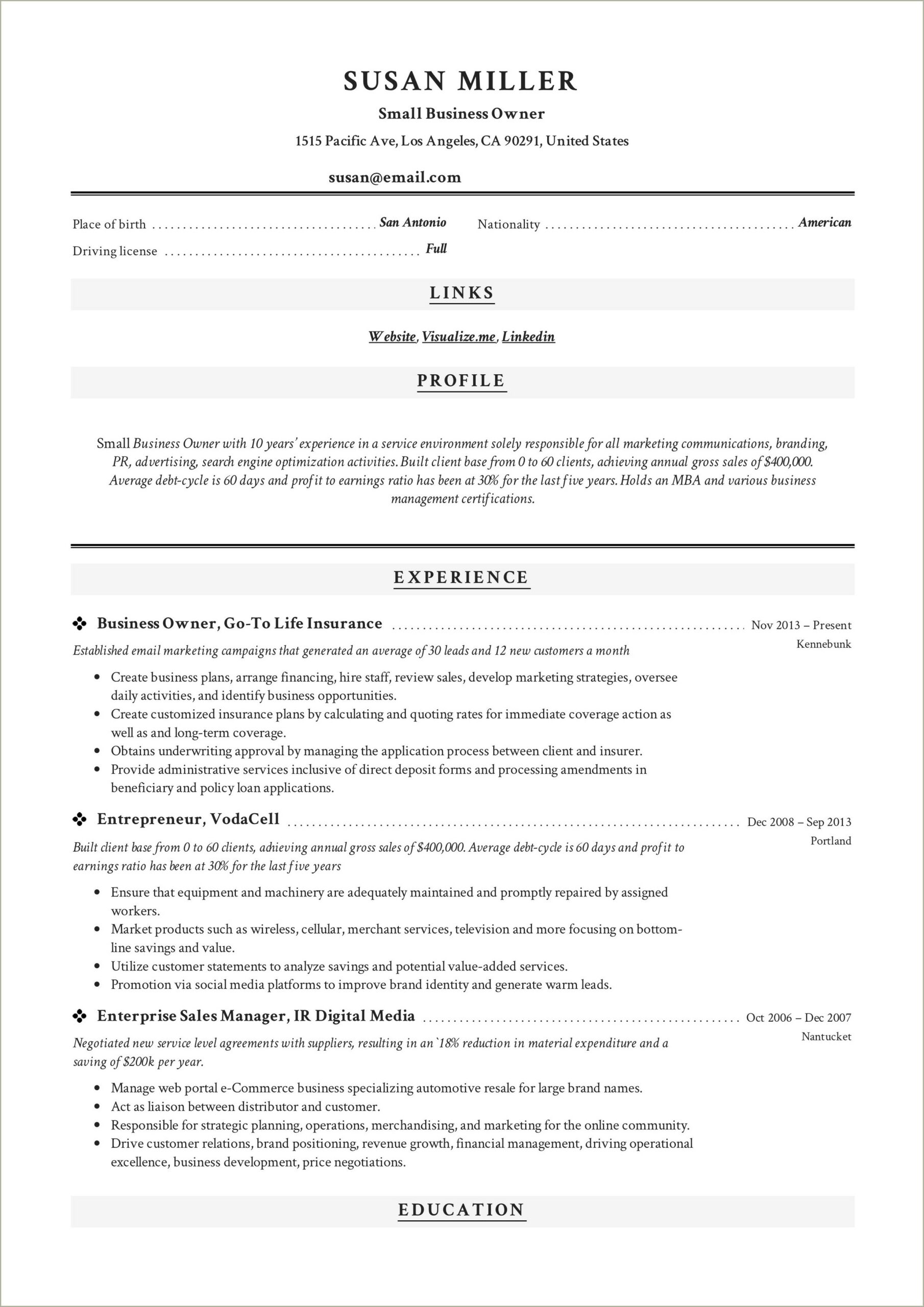 Windows And Doors Bussiness Owner Resume Sample