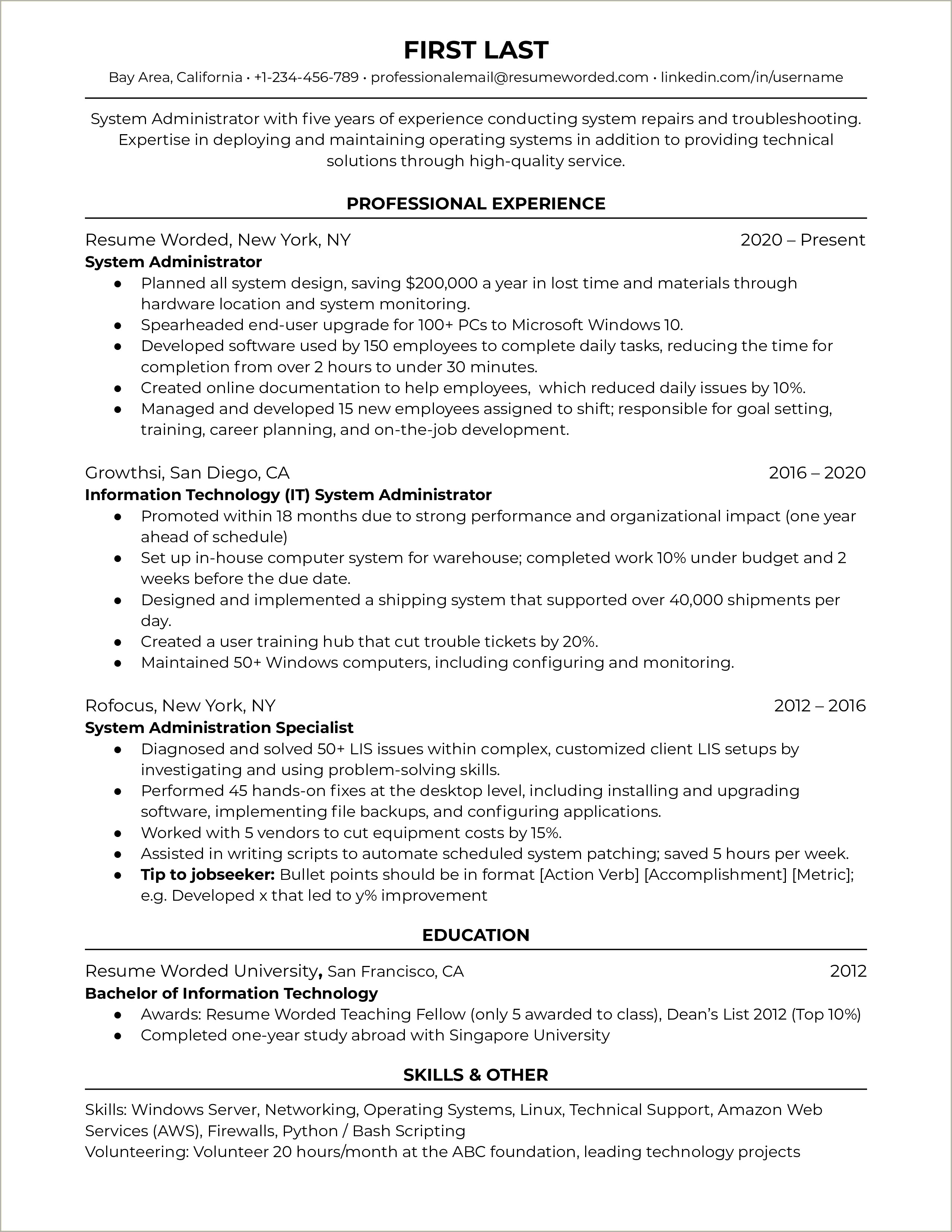 Windows System Administrator 2 Years Experience Resume