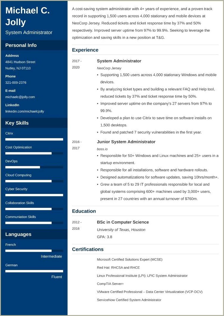 Windows System Administrator 3 Years Experience Resume Download