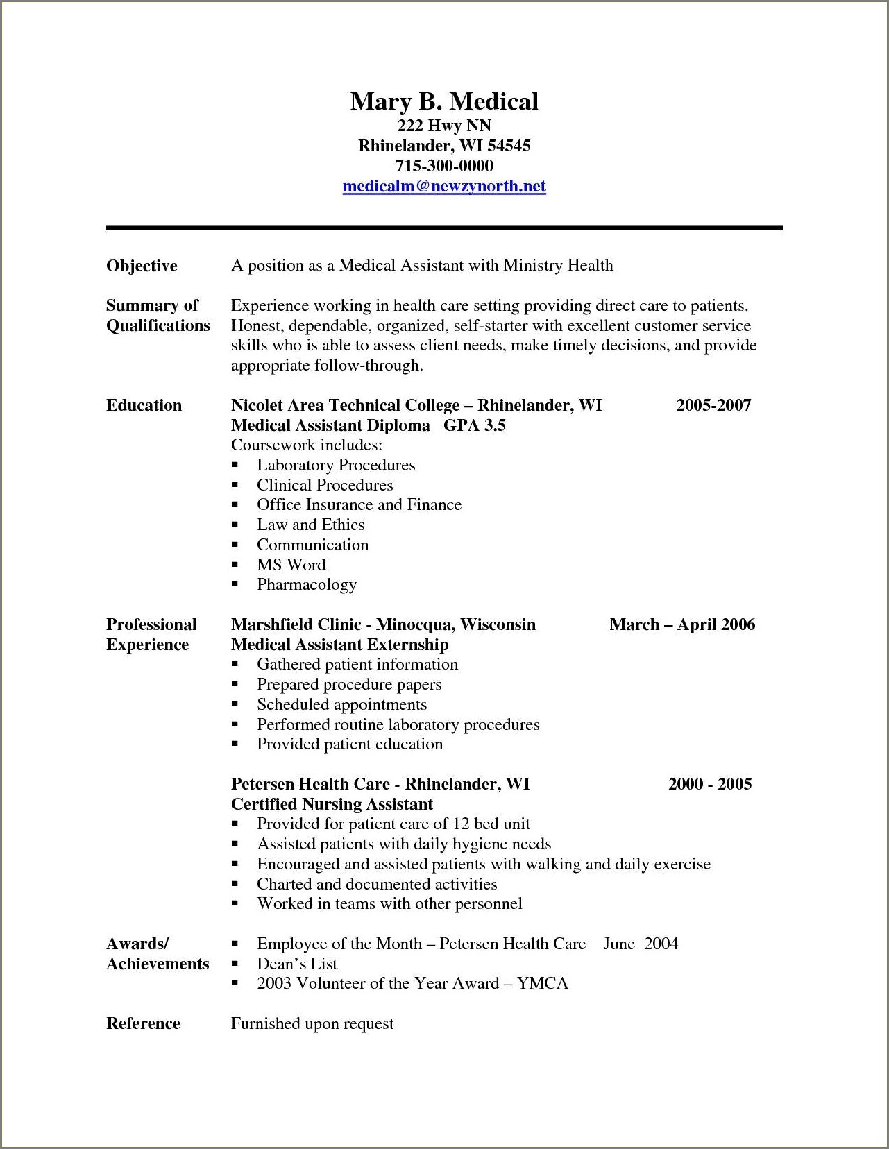 Wisconsin Physician Services In Resume Examples