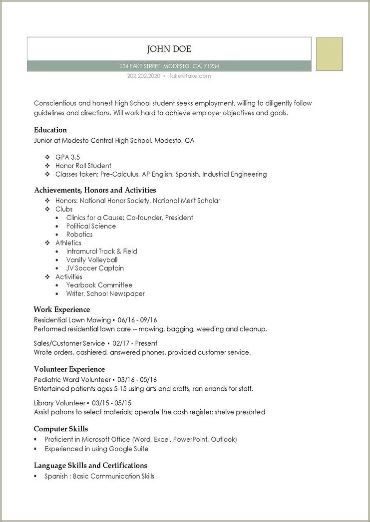 Word Resume Template For High School Student
