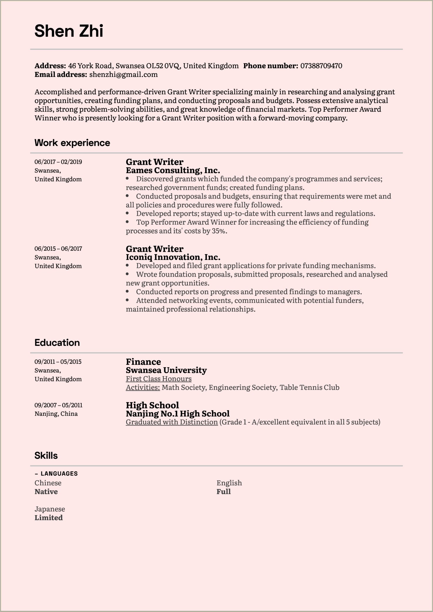 Words In Resume For Grant Application
