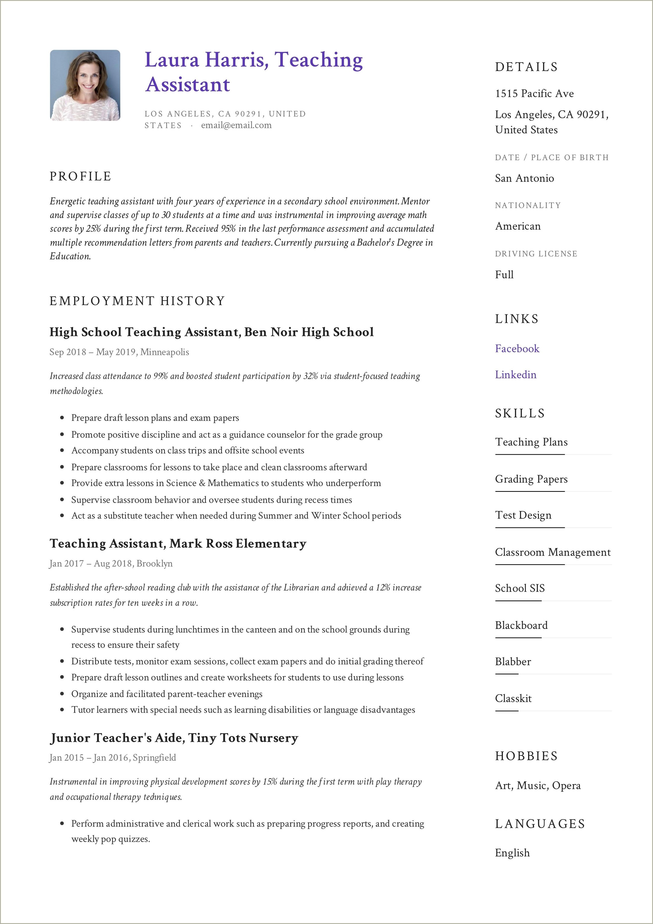 Words To Describe Teaching Assistant On Resume