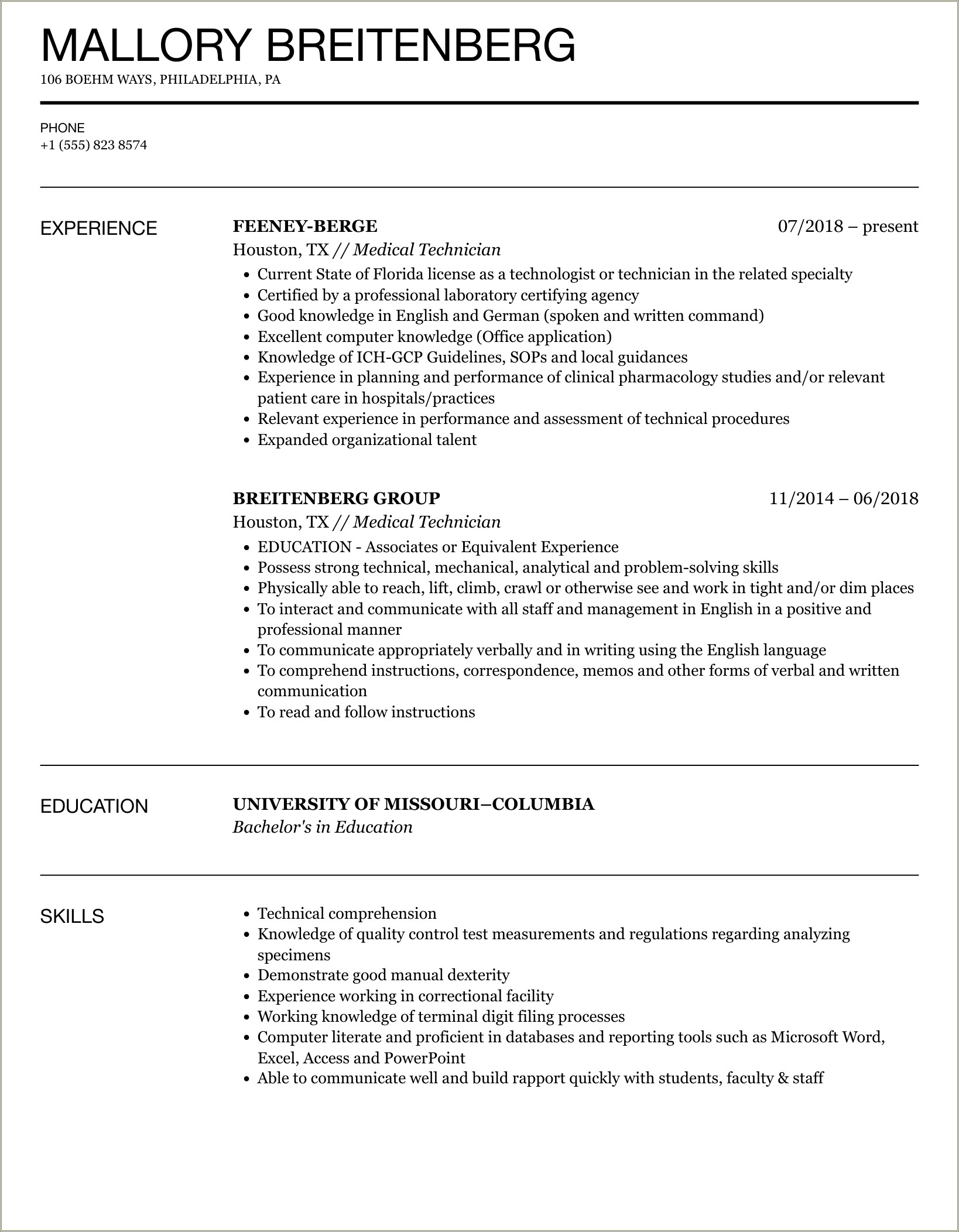 Words To Use In Lift Technician Medical Resume