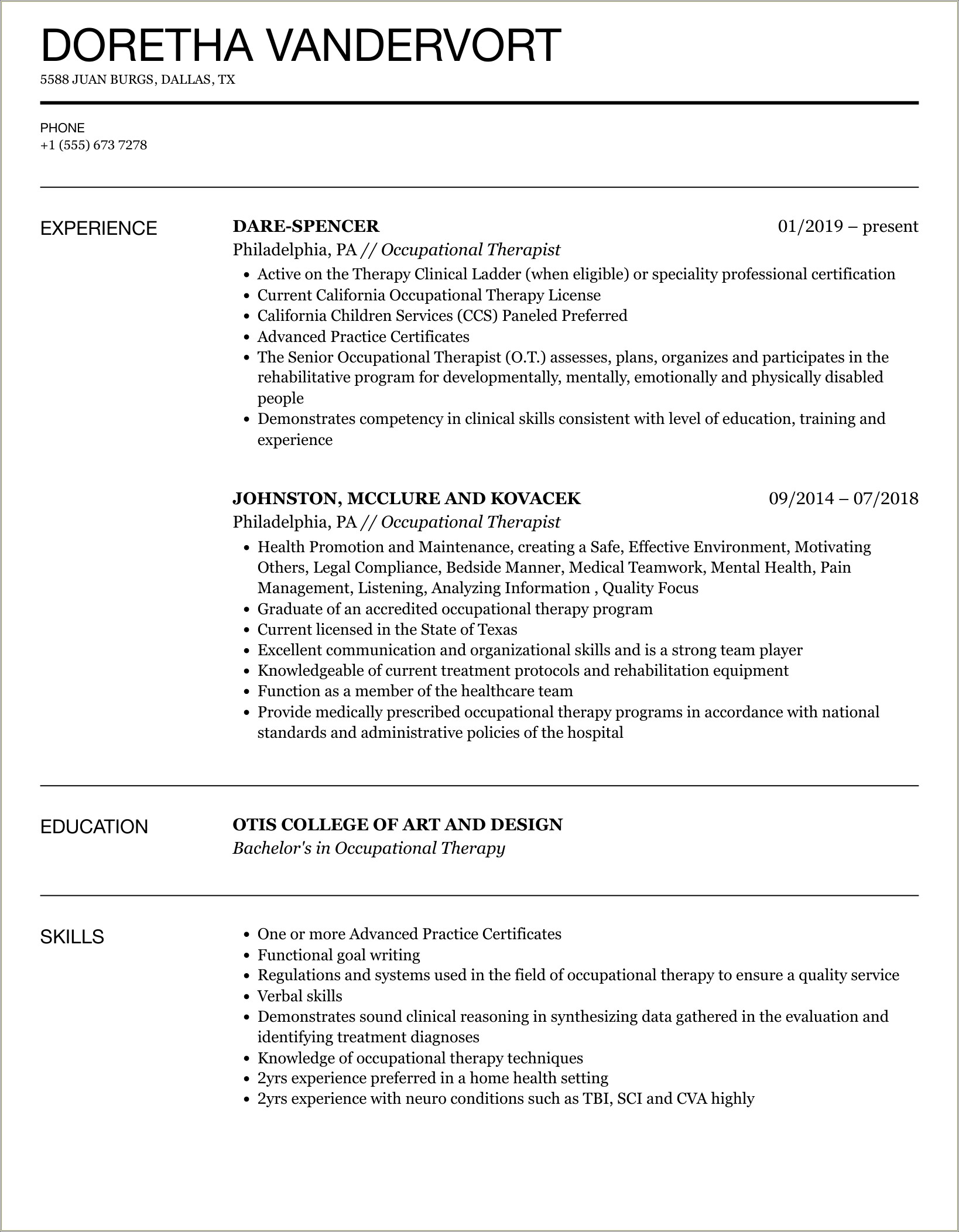 Words To Use In Occupational Therapy Resume